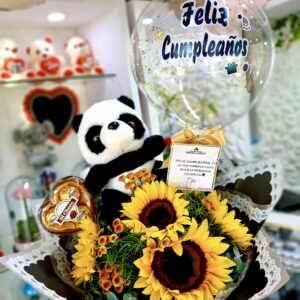 BOUQUET DE GIRASOLES CON CHOCOLATE Y PELUCHE