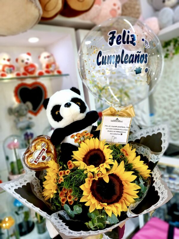 BOUQUET DE GIRASOLES CON CHOCOLATE Y PELUCHE